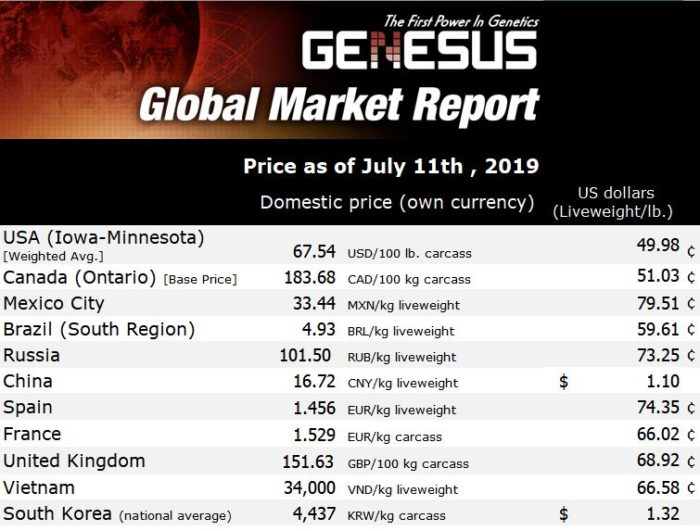 Pig Prices - July 11th 2019 - world wide 